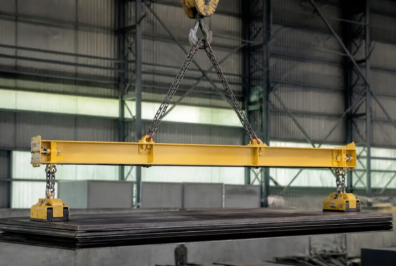 Engineered below-the-hook lifting beam suspended above a steel load
