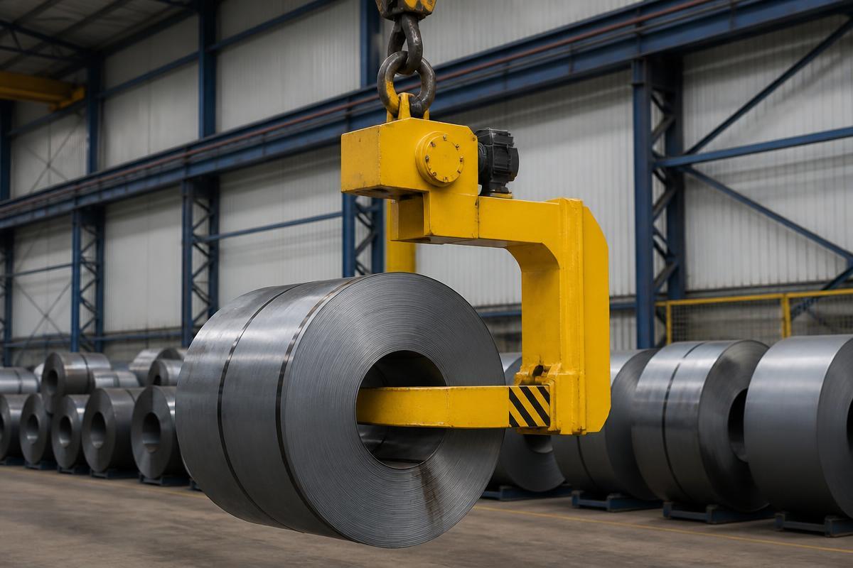 Overhead crane C-hook coil lifter carrying a steel coil