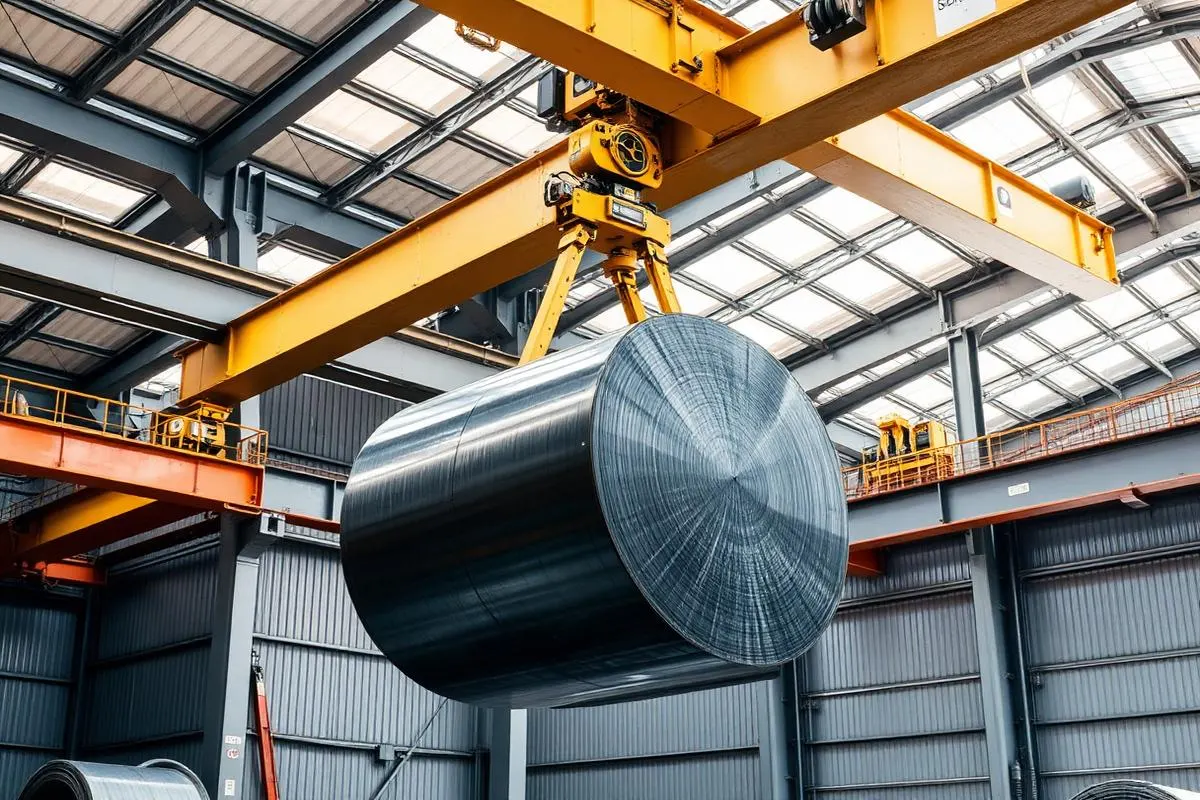 Overhead crane C-hook coil lifter carrying a steel coil