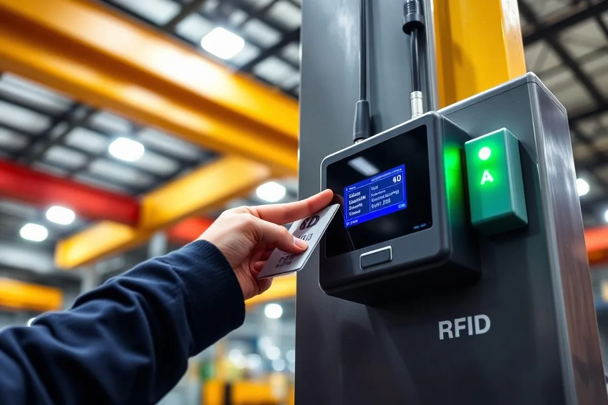 Operator tapping an RFID swipe card on an access reader at an overhead crane control station