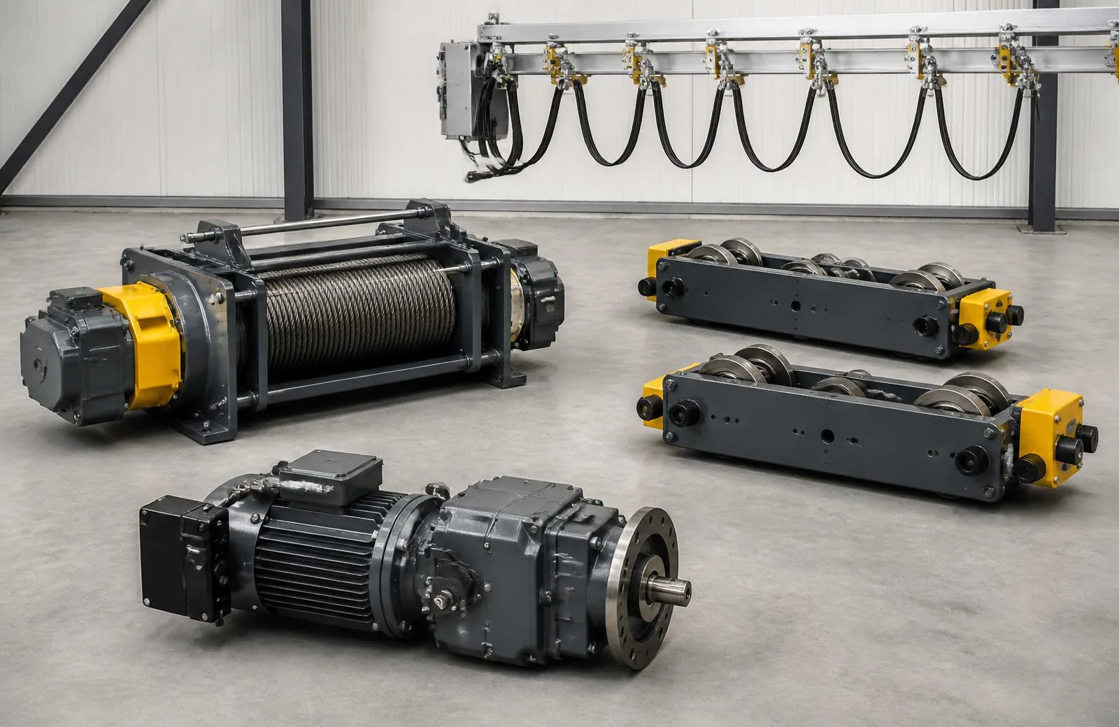 Wire-rope hoist, crane end trucks with wheel blocks, gearmotor and festoon system in a workshop