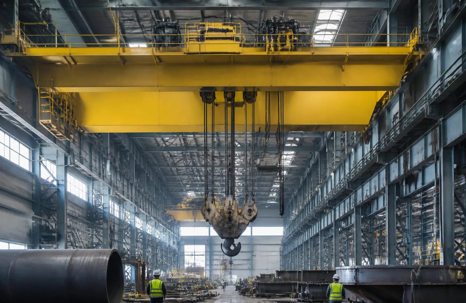 Large double-girder overhead process crane spanning a heavy-industrial fabrication hall