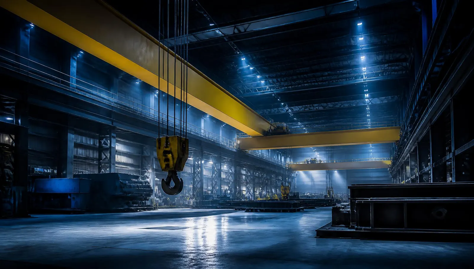 Overhead bridge crane spanning an industrial production hall