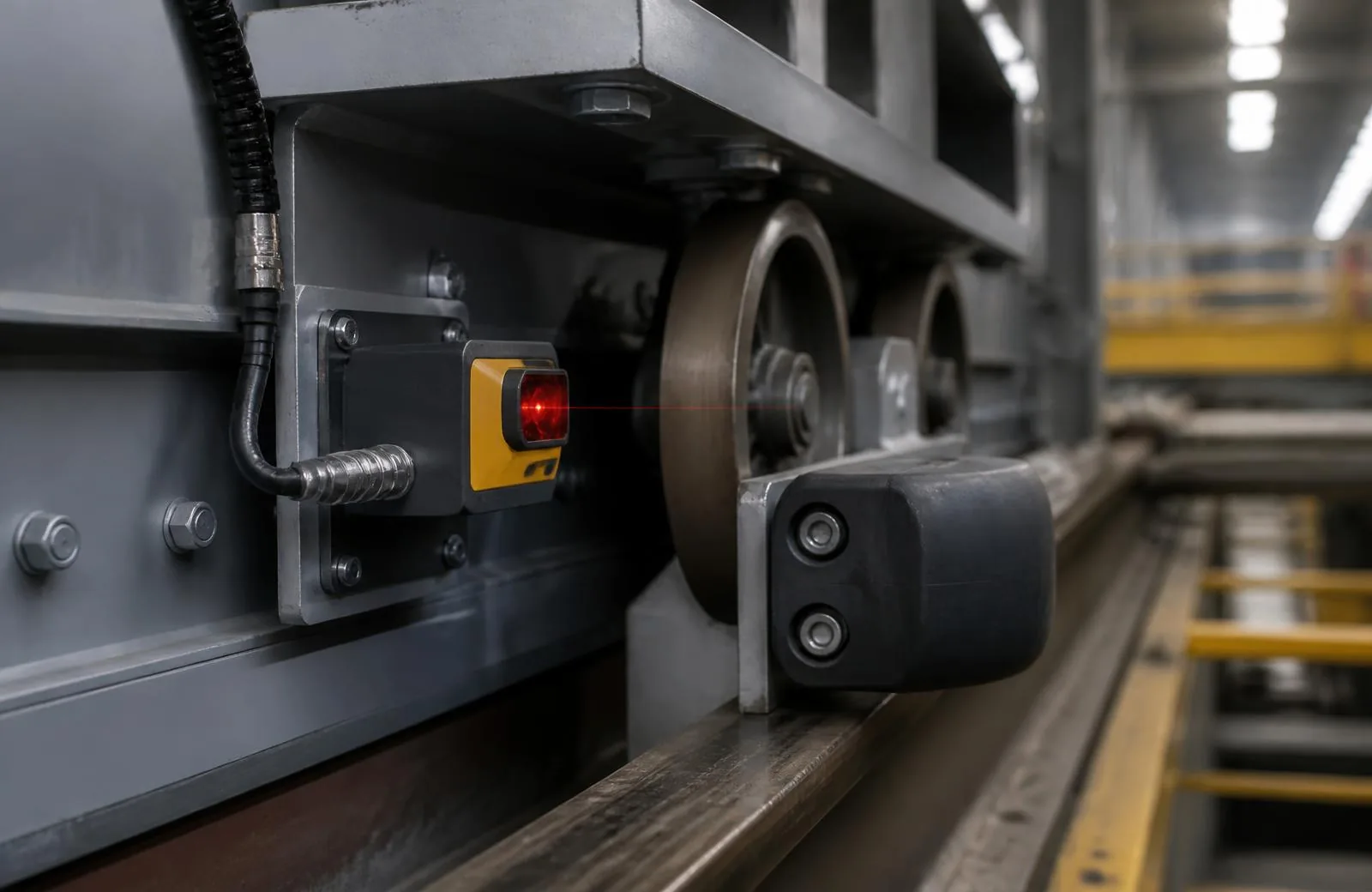 Laser distance sensor mounted on a crane runway for position measurement