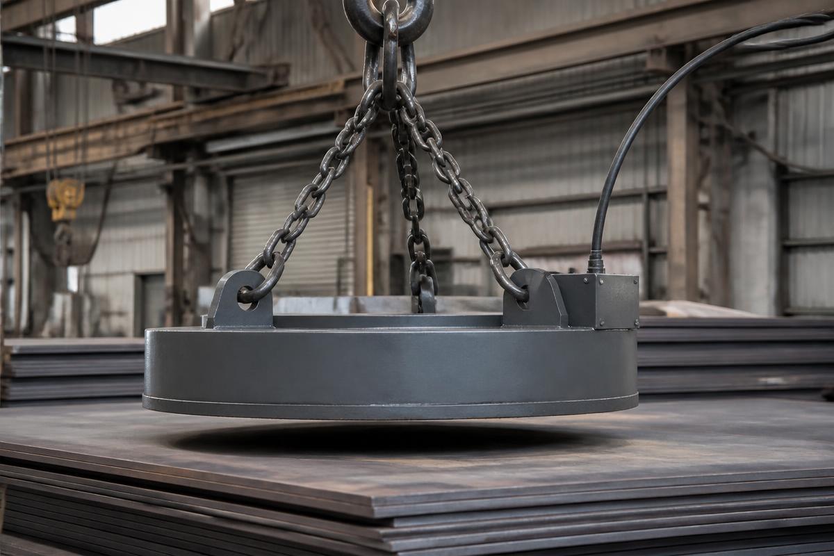 Circular lifting magnet suspended above stacked steel plate