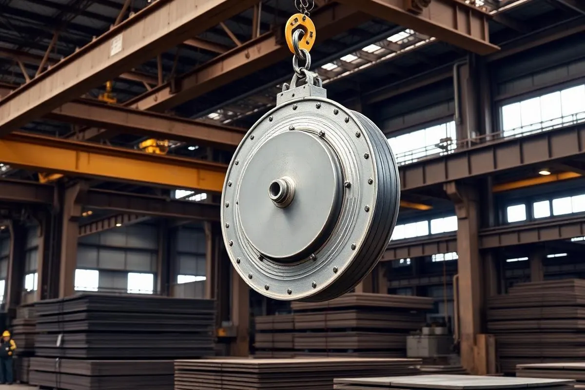 Circular lifting magnet suspended above stacked steel plate