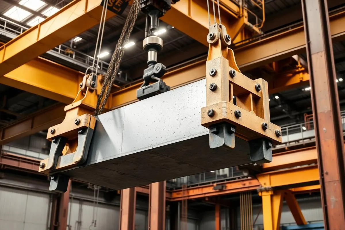 Heavy mechanical lifting tongs gripping a steel slab