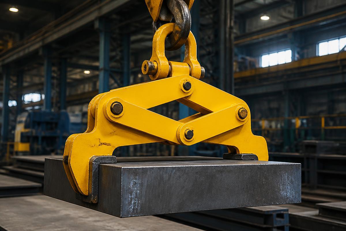 Heavy mechanical lifting tongs gripping a steel slab