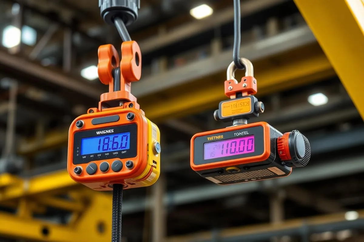 Crane load monitoring sensors with digital weight displays hanging beneath an overhead crane