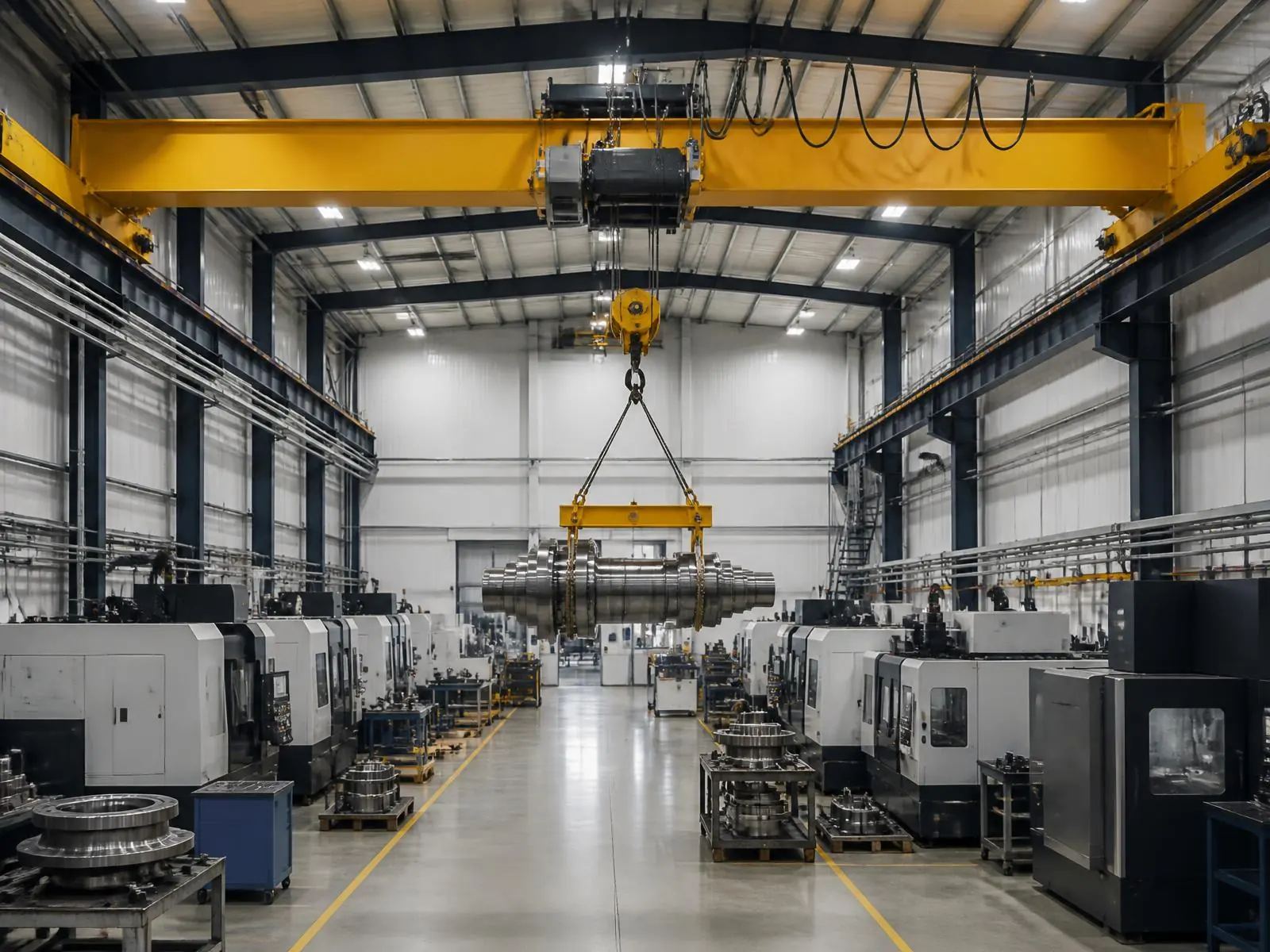 Overhead crane serving an assembly bay in an industrial manufacturing plant
