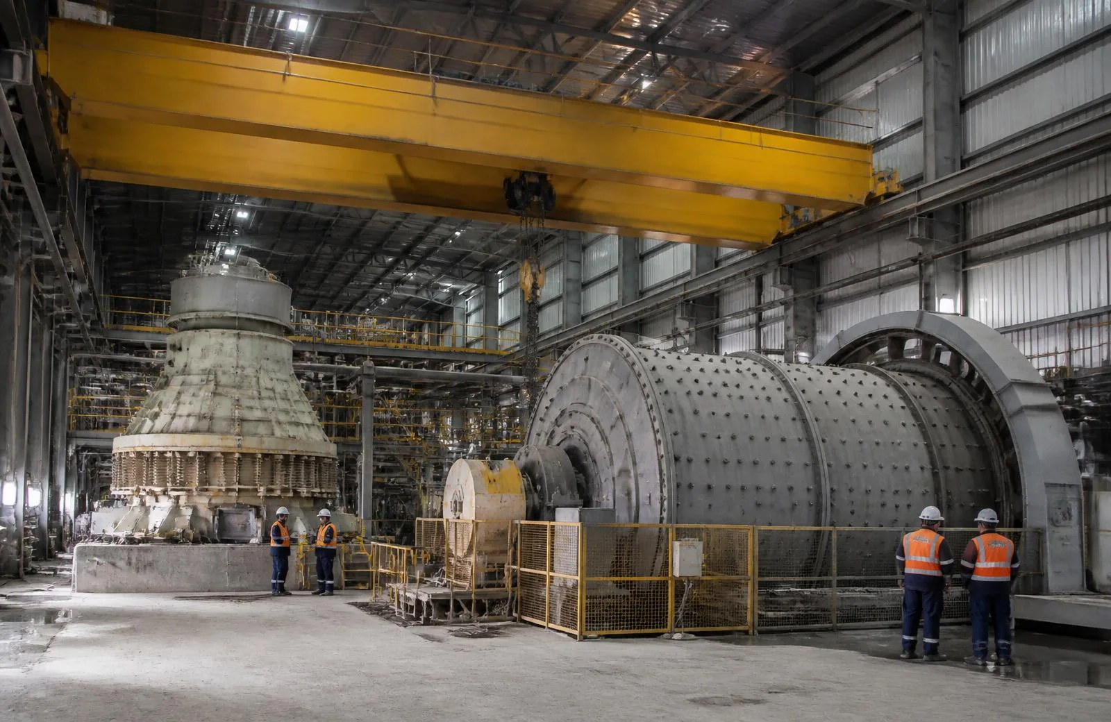 Double-girder overhead crane above grinding mills in a mineral-processing plant