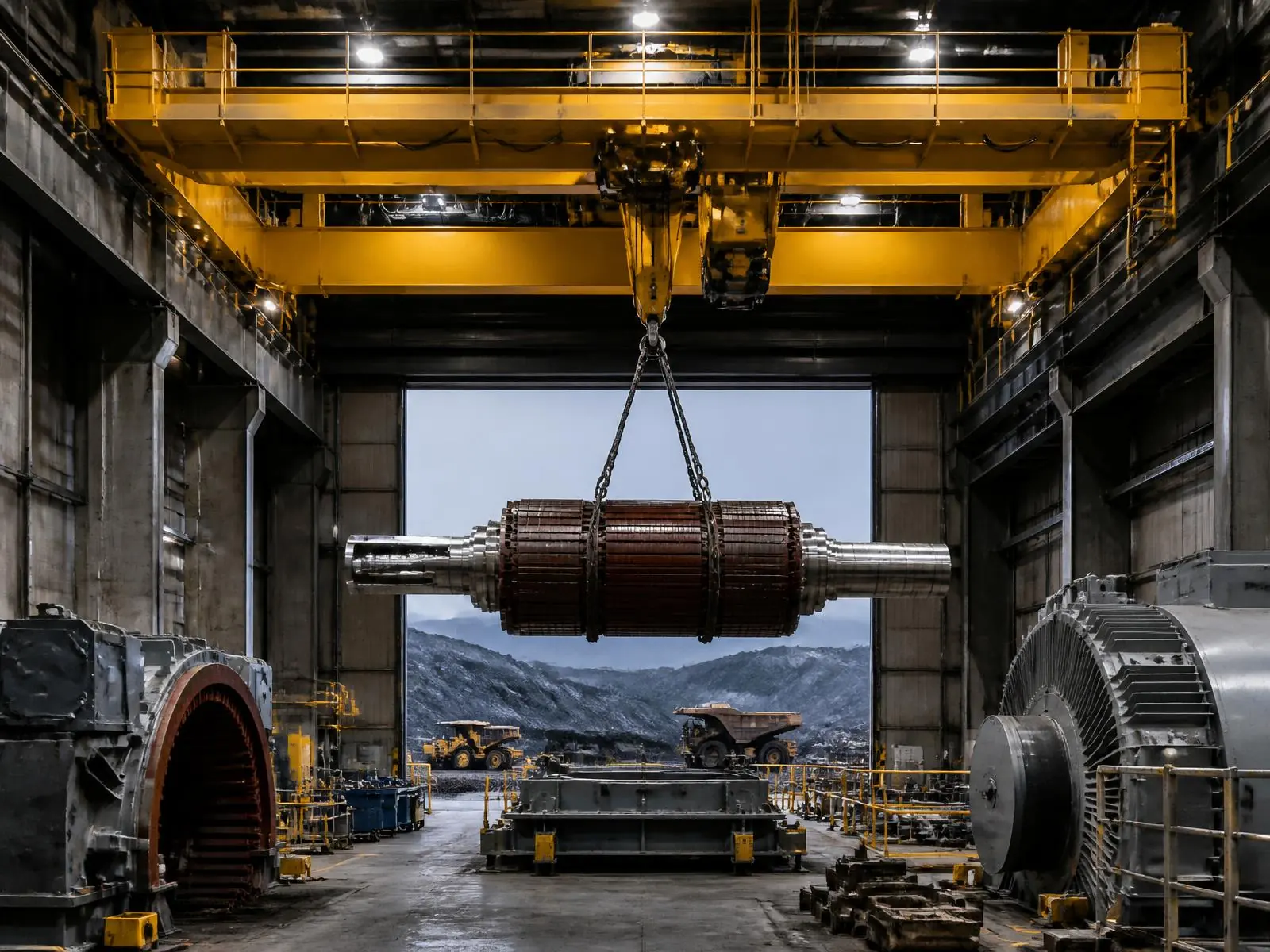 Heavy-duty overhead crane lifting a mill motor rotor in a mine maintenance shop