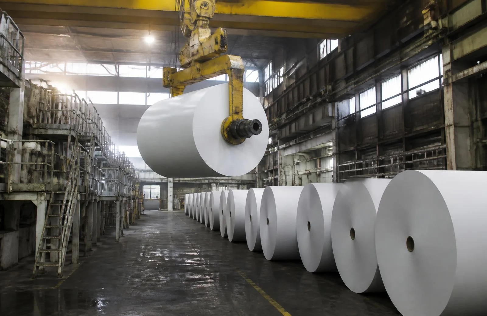 Overhead crane with a C-hook roll lifter handling a paper reel