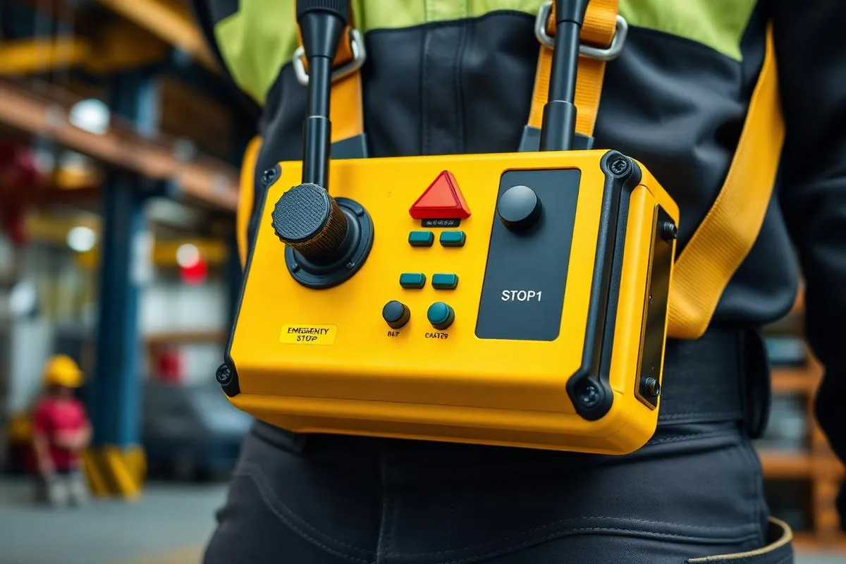 Yellow belly-box radio remote transmitter with joystick worn on an operator's harness