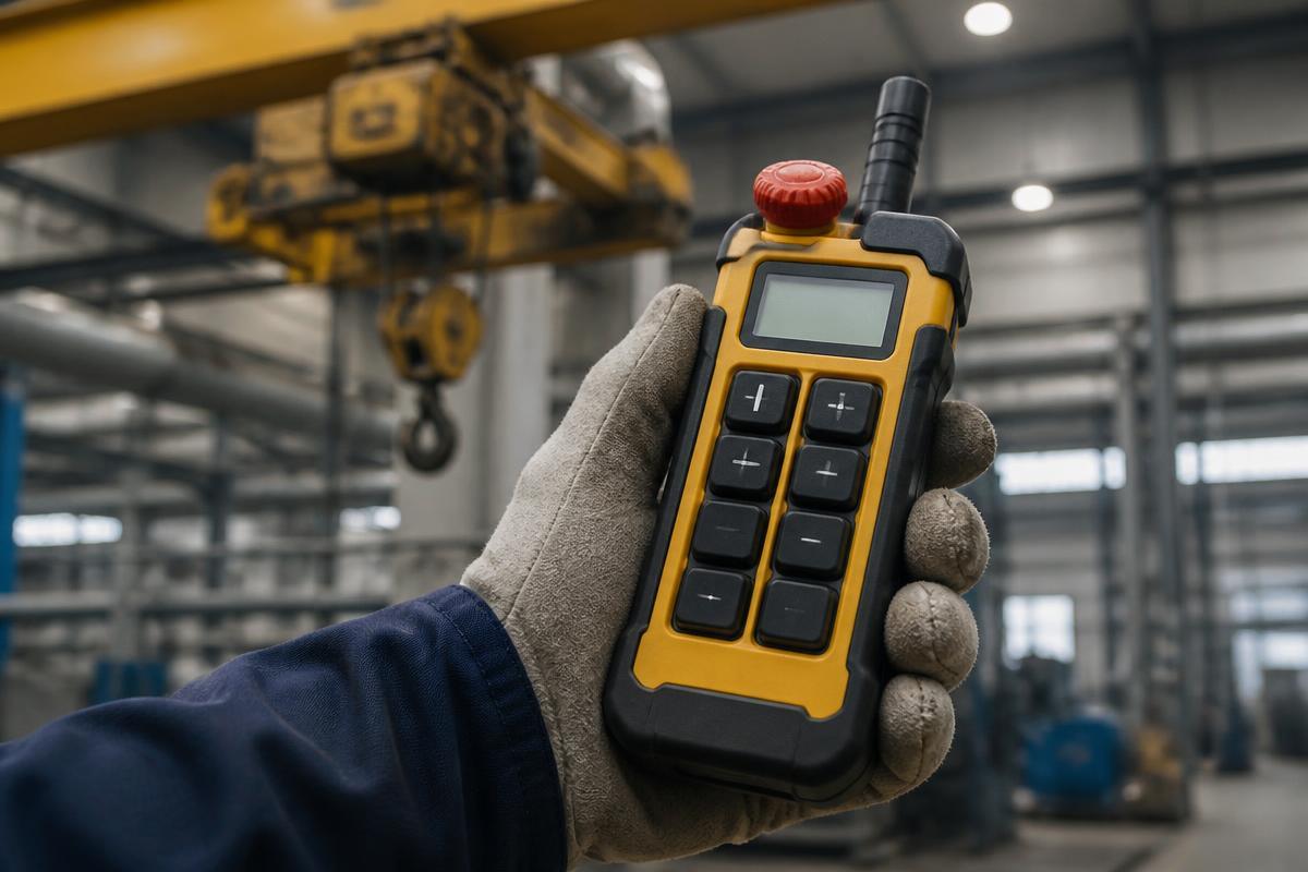 Compact handheld radio remote control used to operate an overhead crane