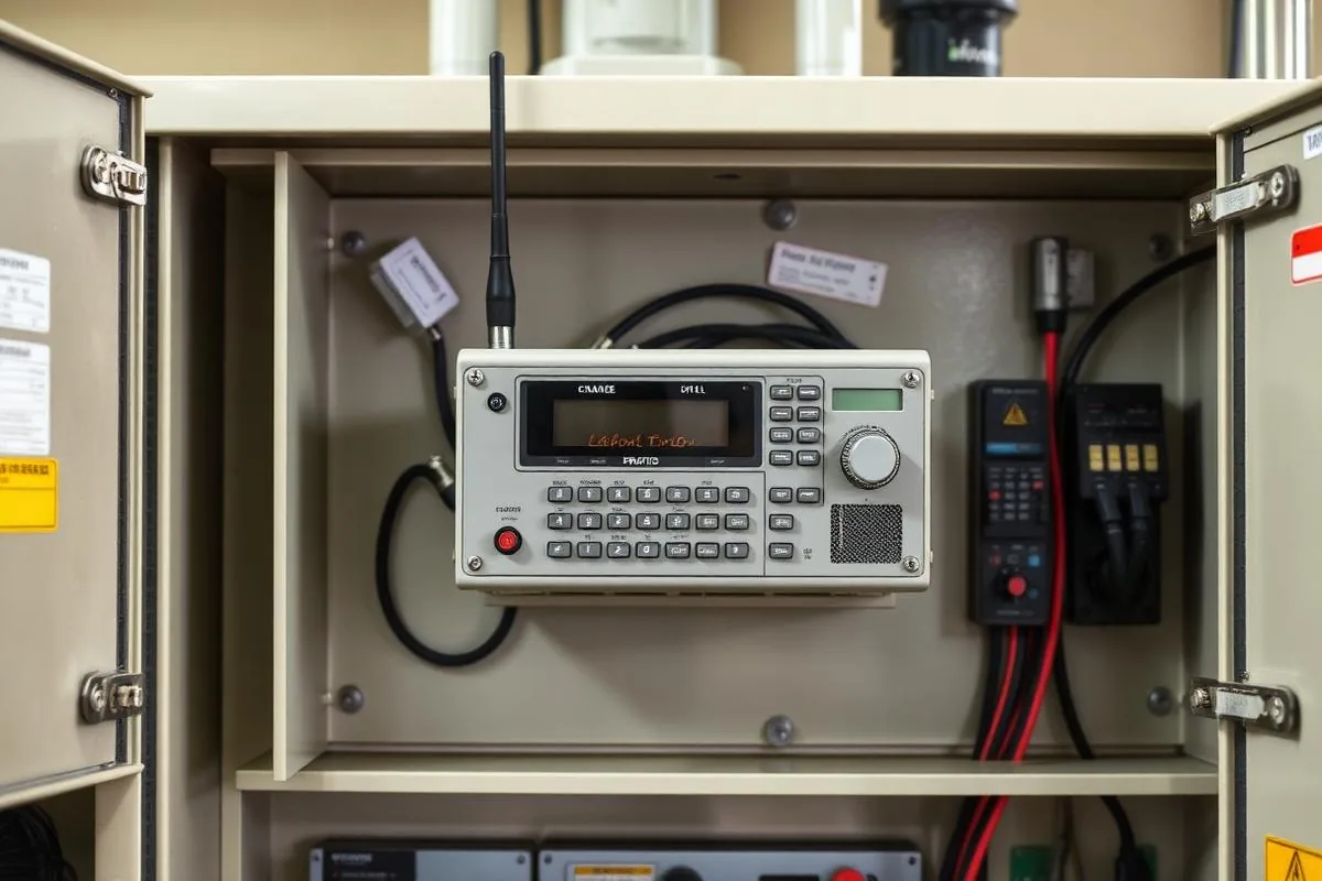 Radio receiver unit mounted and wired inside an overhead crane control panel