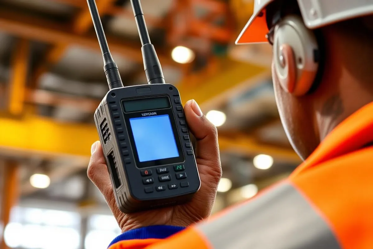 Crane operator reading the backlit feedback display on a radio transmitter