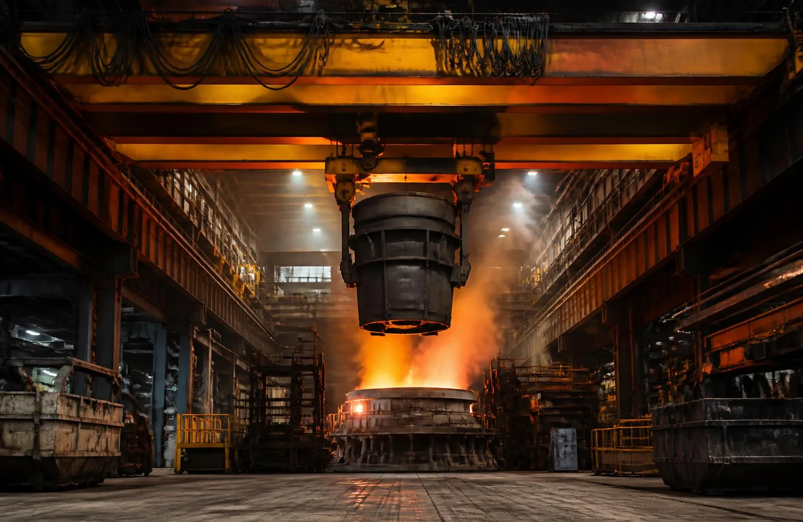 Ladle crane carrying a steel ladle above an electric arc furnace