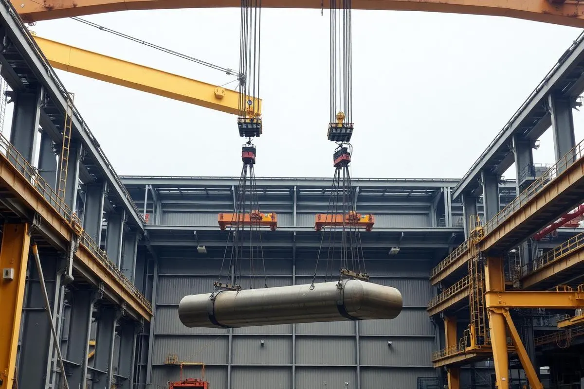 Two overhead cranes performing a synchronised tandem lift