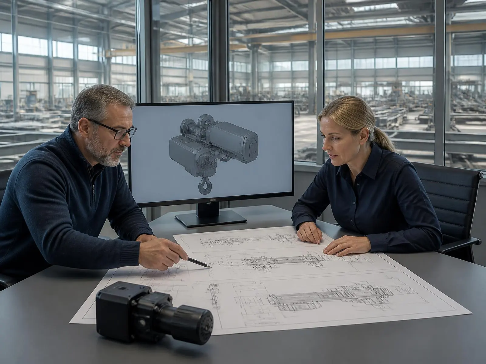 Technical meeting reviewing overhead crane project drawings