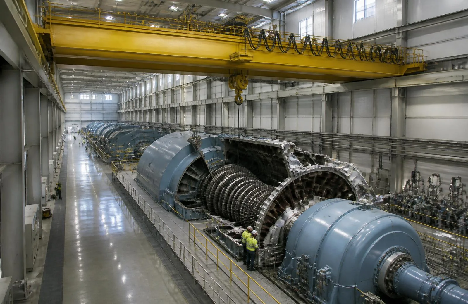 Overhead bridge crane above a steam turbine generator opened for maintenance in a power plant turbine hall