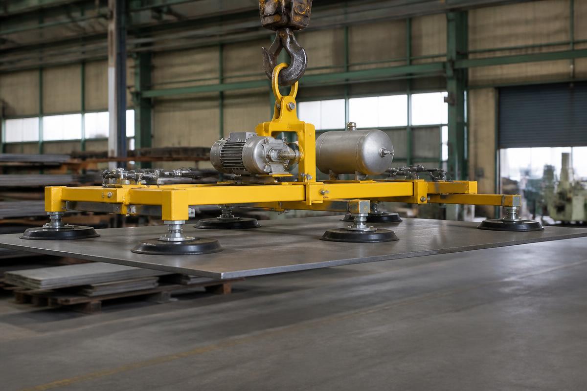 Vacuum lifter with suction pads handling a large steel sheet