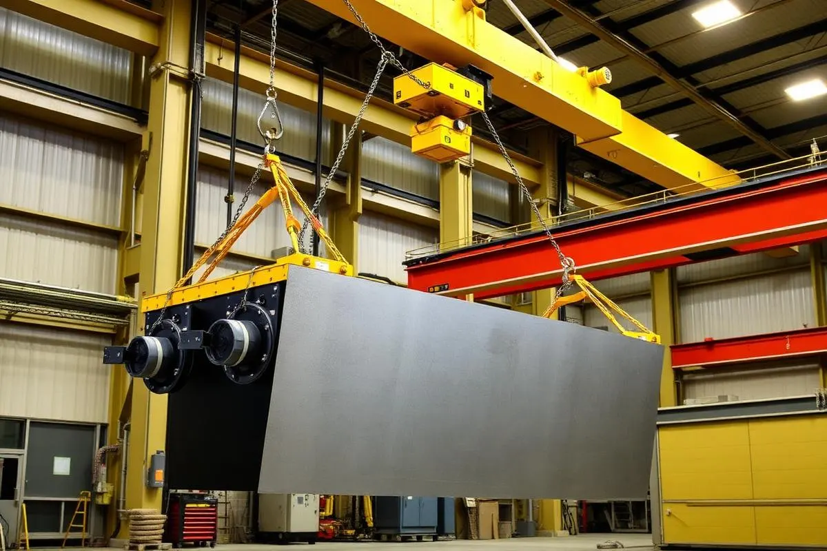 Vacuum lifter with suction pads handling a large steel sheet