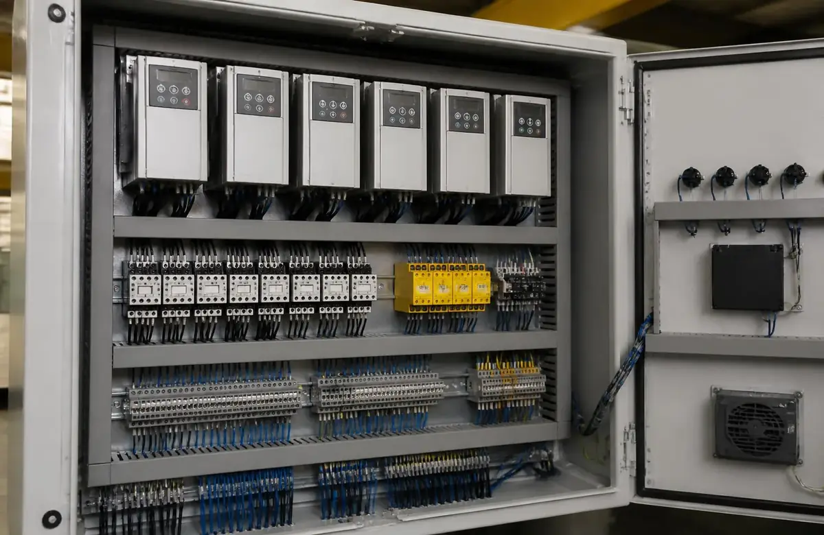 Variable-frequency drive and crane control panel inside an electrical enclosure