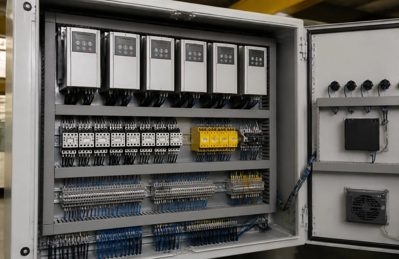 Variable-frequency drive and crane control panel inside an electrical enclosure