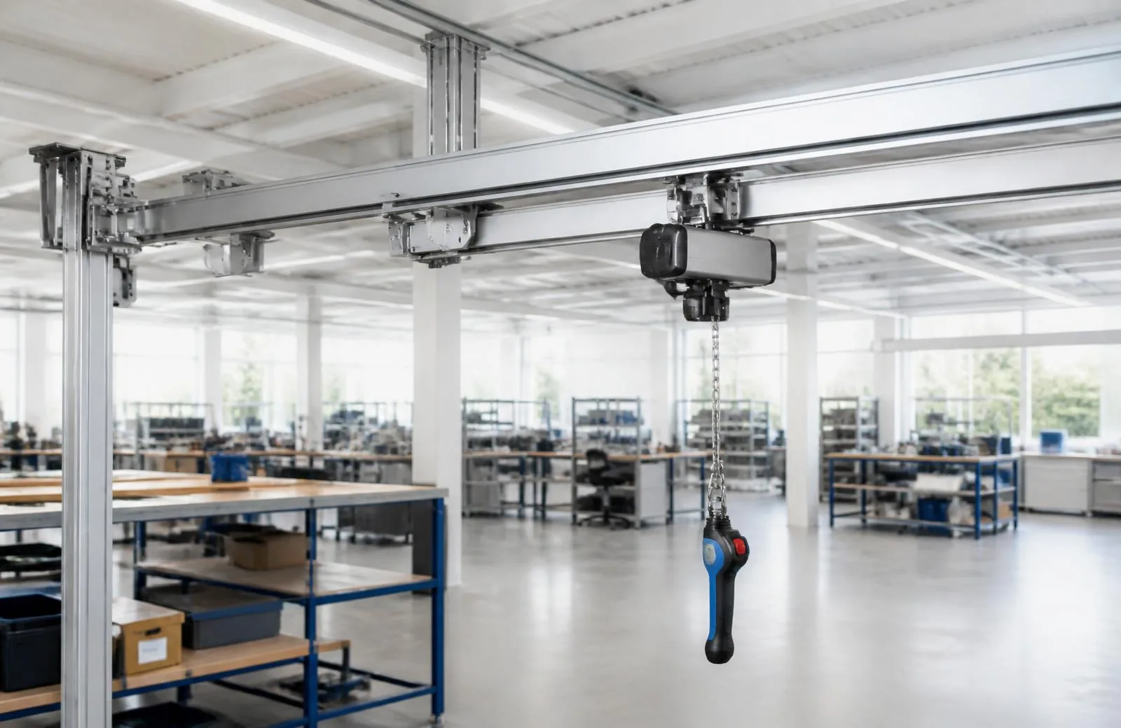 Aluminum workstation bridge crane and jib crane in a manufacturing plant