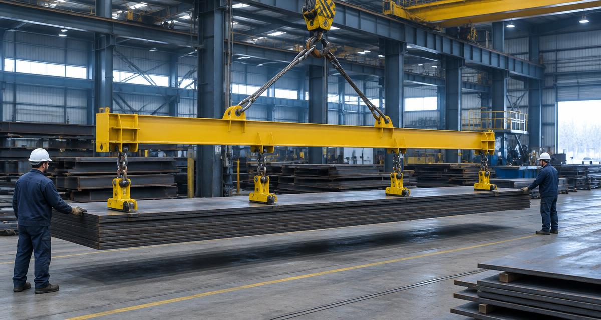 Below-the-hook lifting beam suspended from an overhead crane over a steel plate load