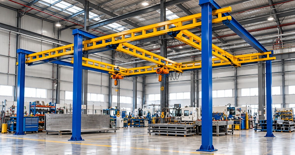 Workstation crane over a production floor with a jib crane beside a CNC machining centre